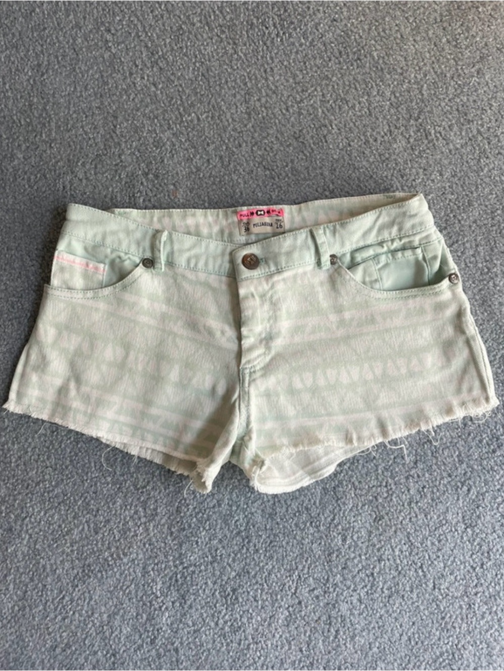 Pull&Bear Pale Mint Tribal-Pattern Denim Shorts